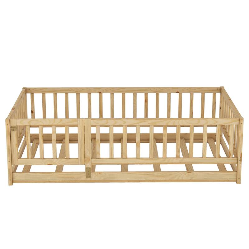 Kids Montessori Floor Bed for Kids, Girls, Boys, Solid Wood Floor Bed Frame with Fence and Door, No Box Spring Needed