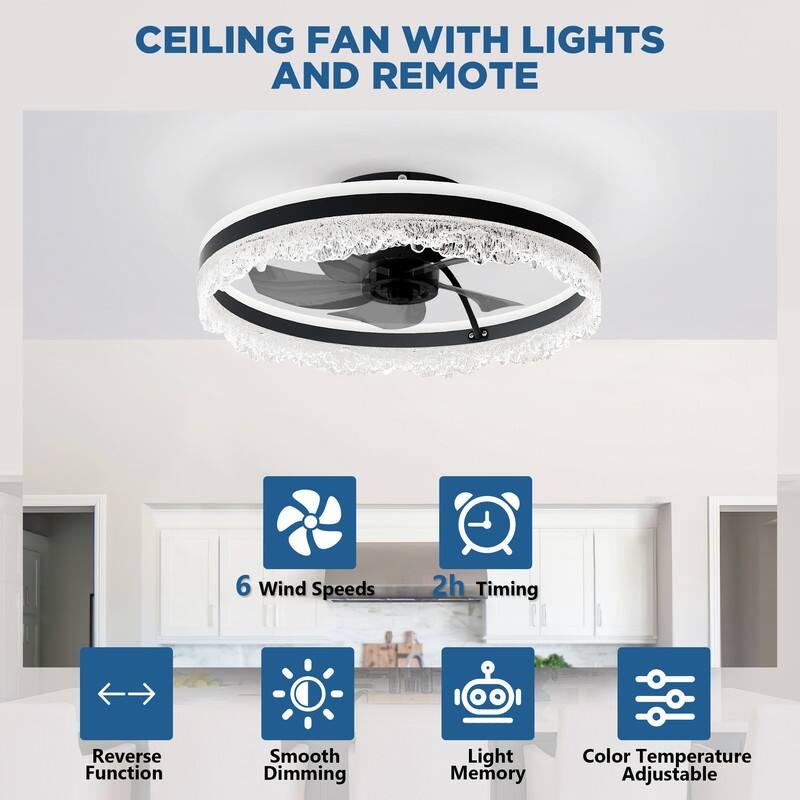 Smart Silent LED Ceiling Fan with Light Crystal Flush Mount, Hidden Blades