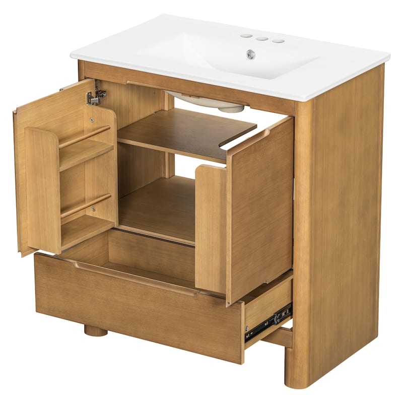 30" Modern Solid Wood Frame Bathroom Vanity Set with Ceramic Sink, Natural Wood Grain Cabinet & Soft-Close Doors