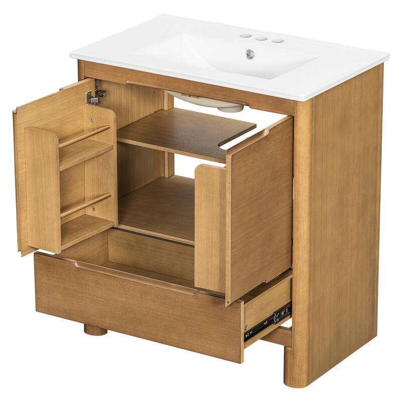 30"Softened Modern Bathroom Vanity with Ceramic Sink, Solid Wood Frame, Soft-Close Doors & Drawer, Adjustable Shelf