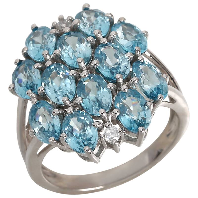 925 Sterling Silver Blue Zircon and White Natural Zircon Ring