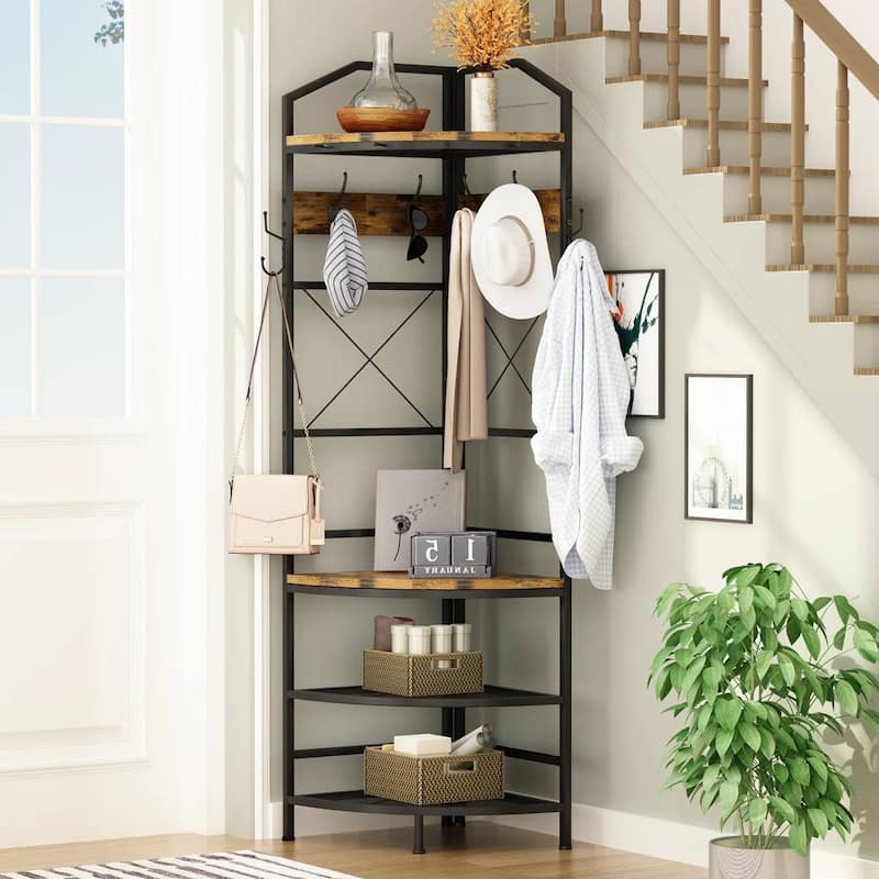 Industrial Metal and Wood Corner Hall Tree with Shoe Storage Bench Hooks and Shelves Rustic Brown - 72'' H X 17.7'' W X 17.7'' D