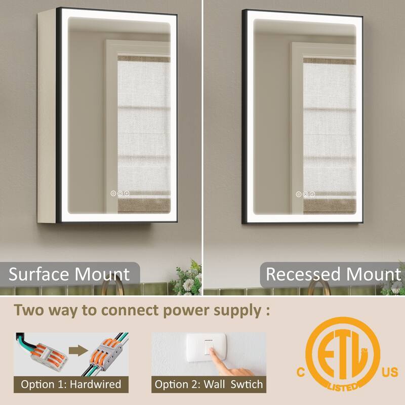 Grand Aluminum Medicine Cabinet with Mirror, Adjustable Shelves, Dimmable Light, Anti-Fog, Recessed or Wall Mount