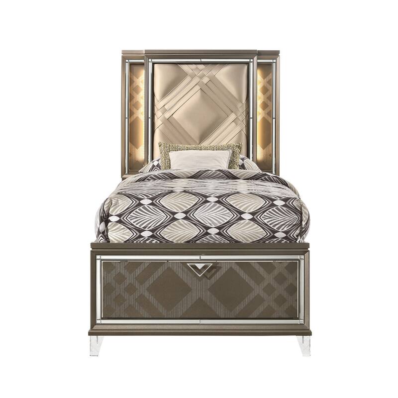 Faux Leather Bed with 2 Drawers in Dark Champagne Finish