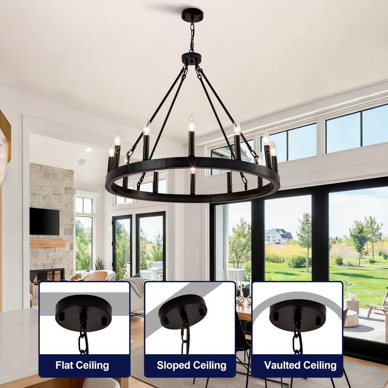 12-Light Wagon Wheel Chandelier, Vintage Ceiling Hanging Pendant Light Fixture