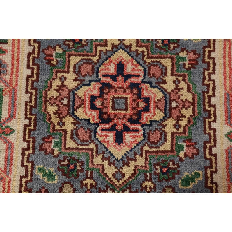 Hand Knotted Oriental 100% Wool Carpet Traditional Geometric Navy Blue & Blues Heriz (serapi) Runner Rug - 8' 1'' X 2' 6''