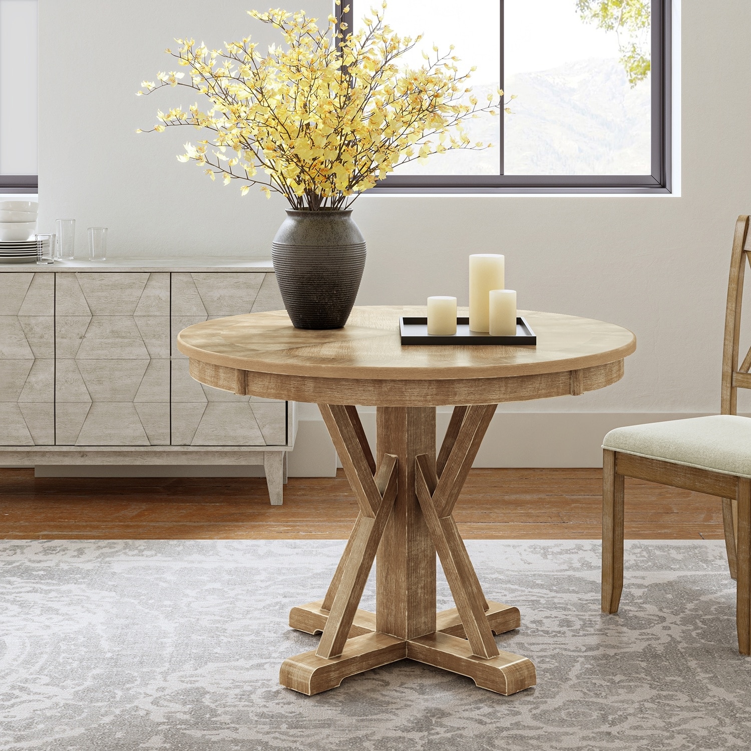 HULALA HOME Felicia Farmhouse Natural Solid Wood Round Cross-buck Base Dining Table for 4