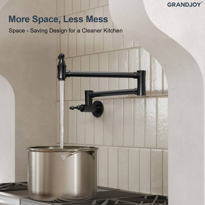 GRANDJOY Wall‑Mount Pot Filler Faucet with Dual Handle Control,High Flow Cold Water Faucet for Stove, Foldable Design