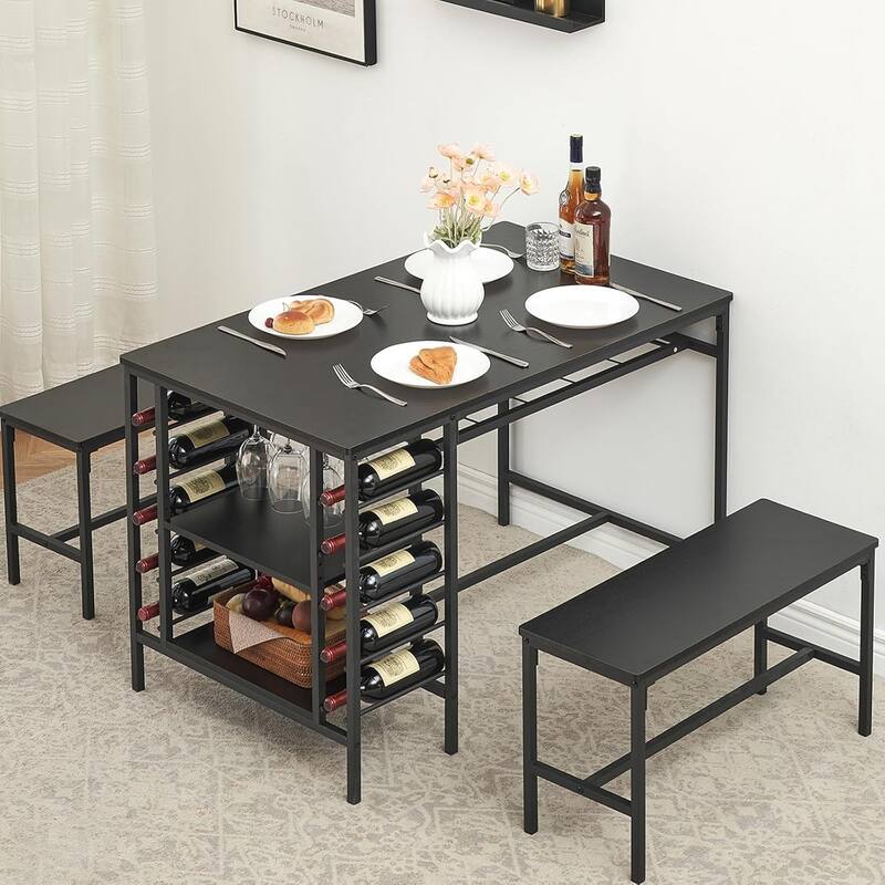 Dining Table Set with 2 Benches and Storage Shelf, Rectangular Table for Small Dining Area or Apartment - Black