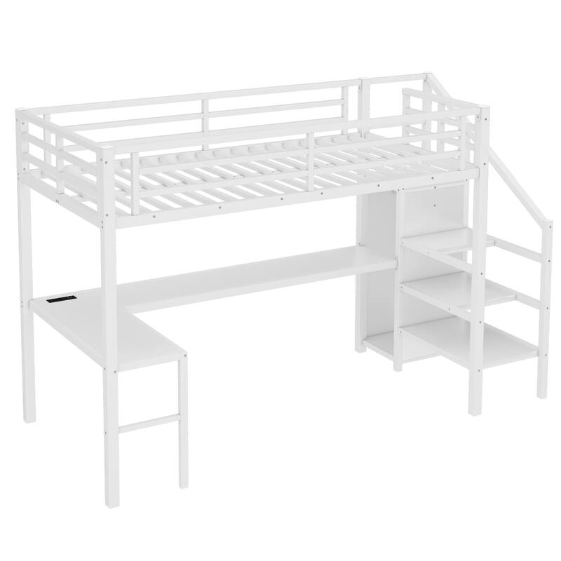 Roomfitters Full/Twin Size Metal Loft Bed with L-Shaped Desk, USB Ports, LED Lighting & Adjustable Shelves, White