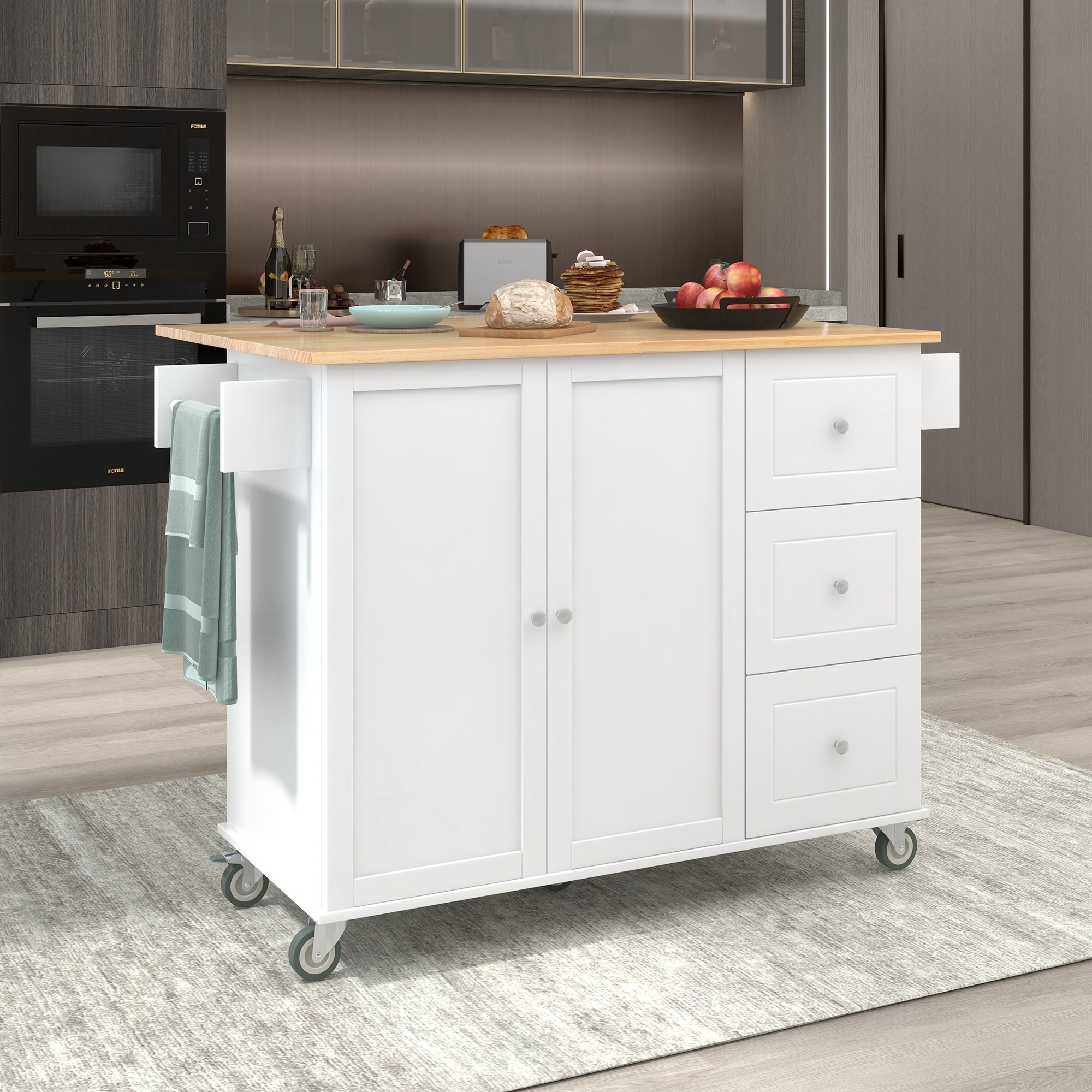 52.7'' Solid wood Kitchen Island with Locking Wheels, Drop Leaf, Adjustable Shelf and 3 Drawers - 52.76'' x 29.5'' x 36.81''