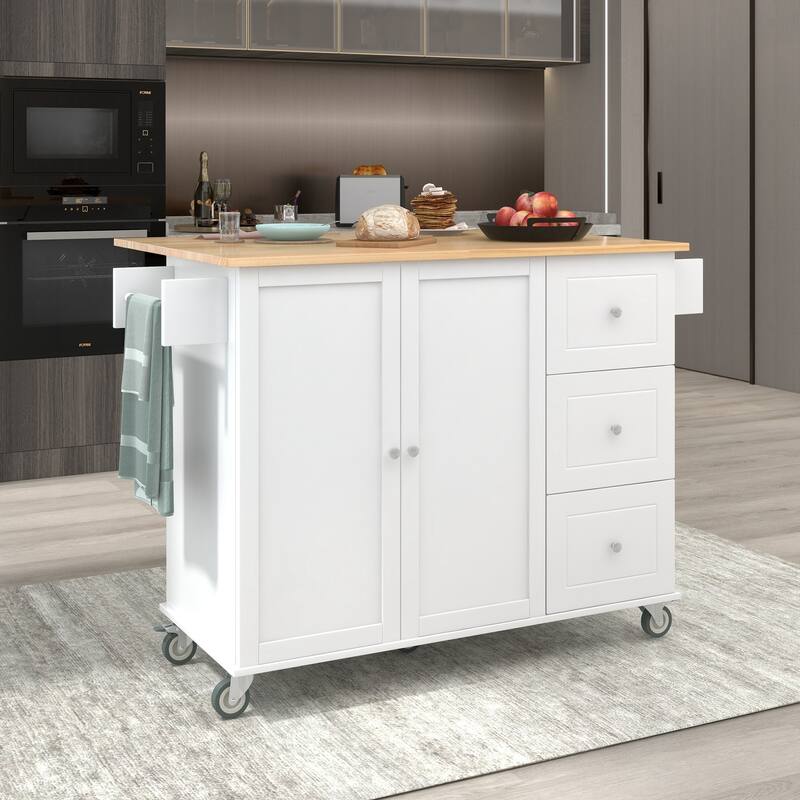 52.76'' Solid wood Kitchen Island with Locking Wheels, Drop Leaf, Adjustable Shelf and 3 Drawers - 52.76'' x 29.5'' x 36.81'' - White