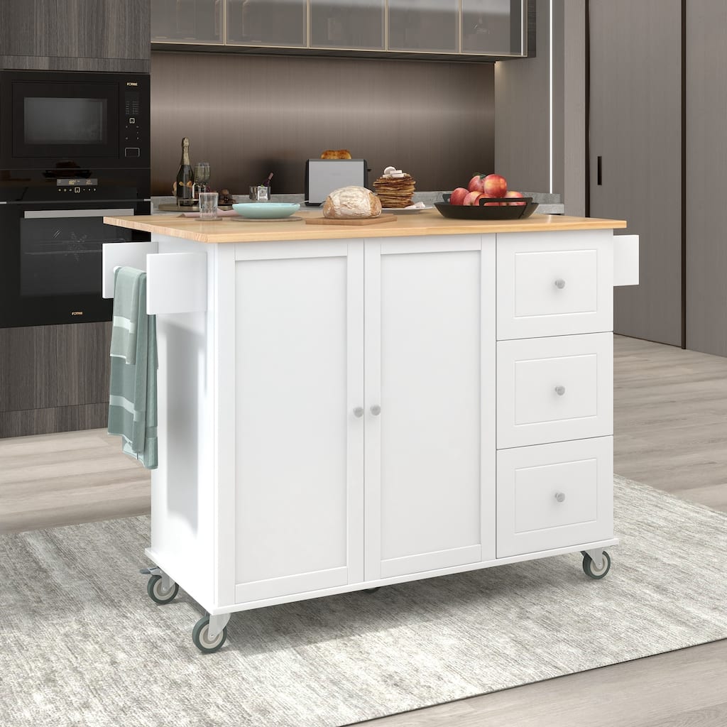 52.76'' Solid wood Kitchen Island with Locking Wheels, Drop Leaf, Adjustable Shelf and 3 Drawers - 52.76'' x 29.5'' x 36.81''
