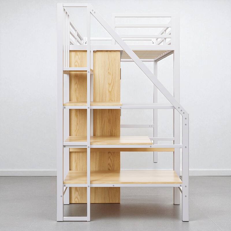 Metal Twin Loft Bed with Desk, Wardrobe, Shelf, and Storage Staircase, No Box Spring Needed