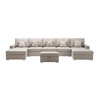 Linen Fabric 6 Piece Double Chaise Sectional Sofa with Interchangeable Legs and Storage Ottoman