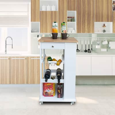 Rubber Wood Top Kitchen Island Mobile Kitchen Island with 2 Lockable Wheels and 2 Shelves Towel Rack Kitchen Cart