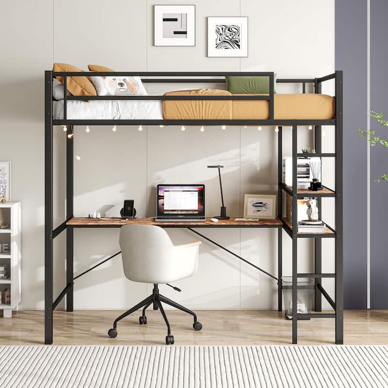 Twin size Metal Loft Bed with L-Shaped Desk, Charging Station, LED Lights, Safety Guardrails and Shelves - Black