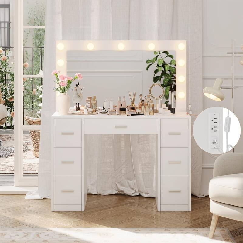 Vanity Desk with Lights, Makeup Vanity with Power Strip, Dressing Table with 7 Drawers