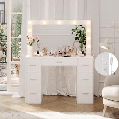 Vanity Desk with Lights, Makeup Vanity with Power Strip, Dressing Table with 7 Drawers