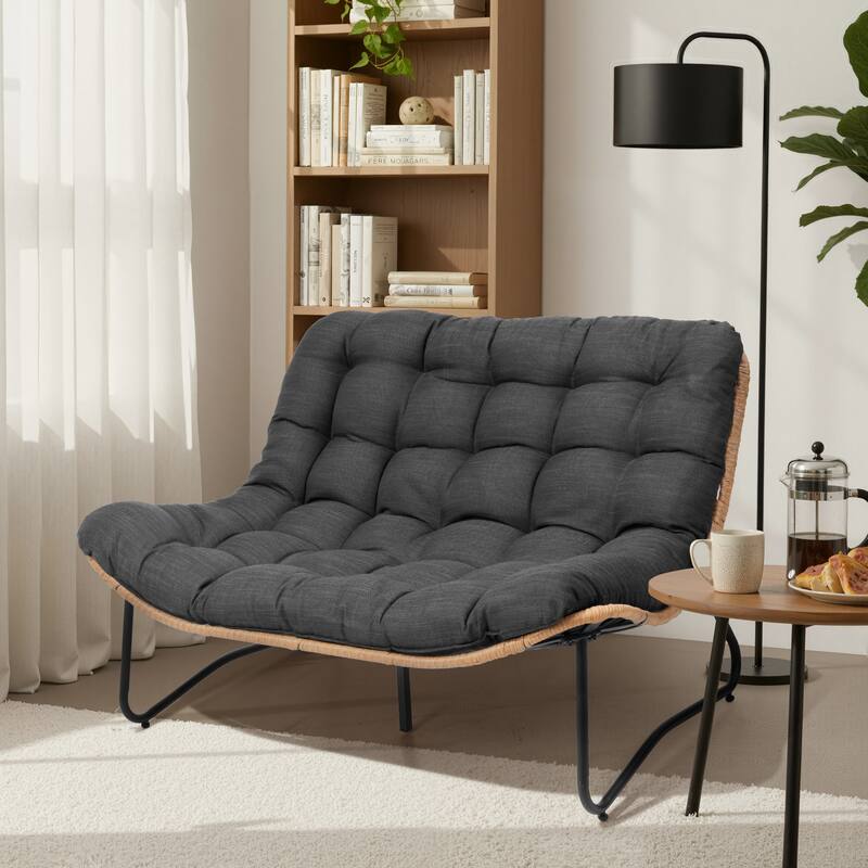 Double Papasan PE Rattan Chair Loveseat with Cushion For Indoor Outdoor - Black