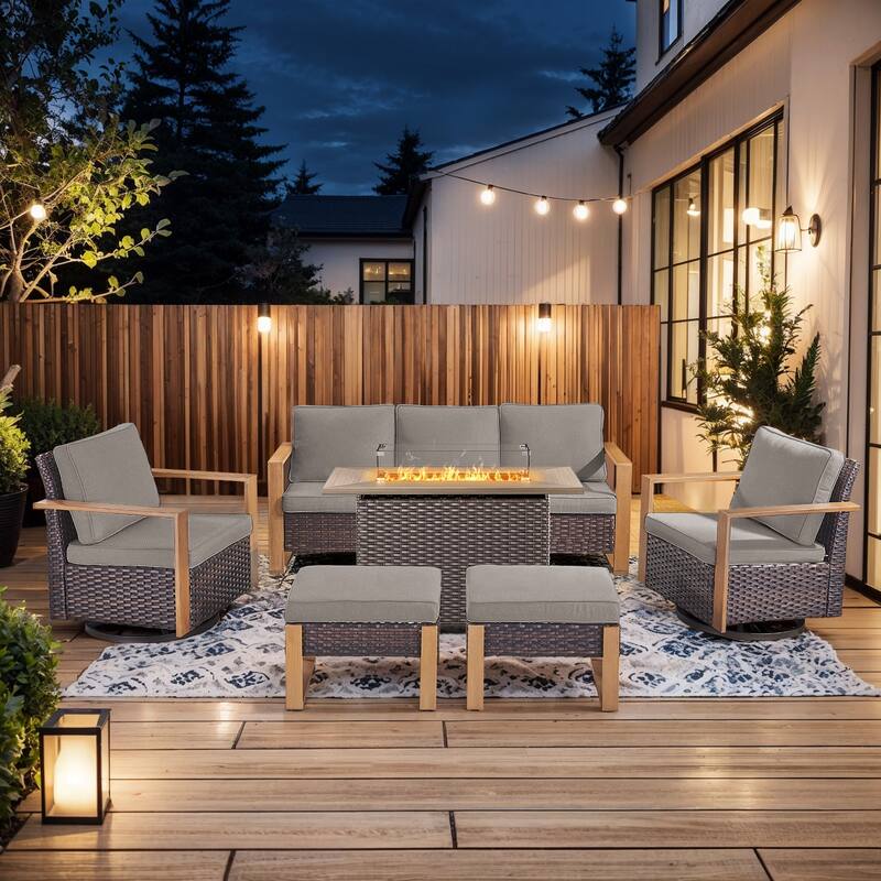 Pocassy Outdoor Wicker Sofa Swivel Chair with Fire Table Set - Brown Wicker Gray Cushion - 6-Piece Sofa Swivel Chair Ottoman with Fire Table