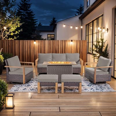 Pocassy Outdoor Wicker Sofa Swivel Chair with Fire Table Set