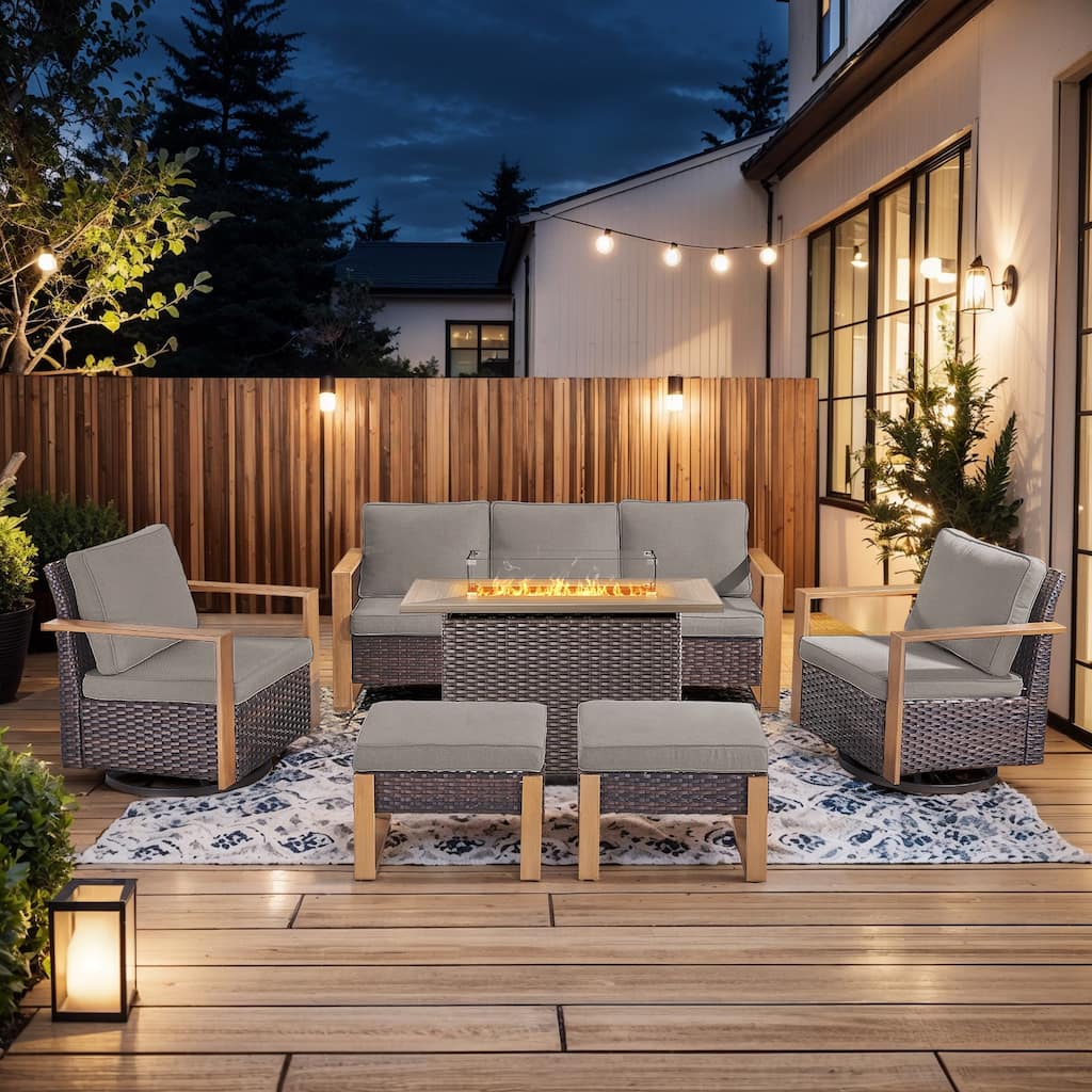 Pocassy Outdoor Wicker Sofa Swivel Chair with Fire Table Set