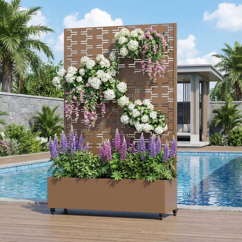 Metal Planter Box with Trellis Privacy Screen Planter Box with Lockable Wheels