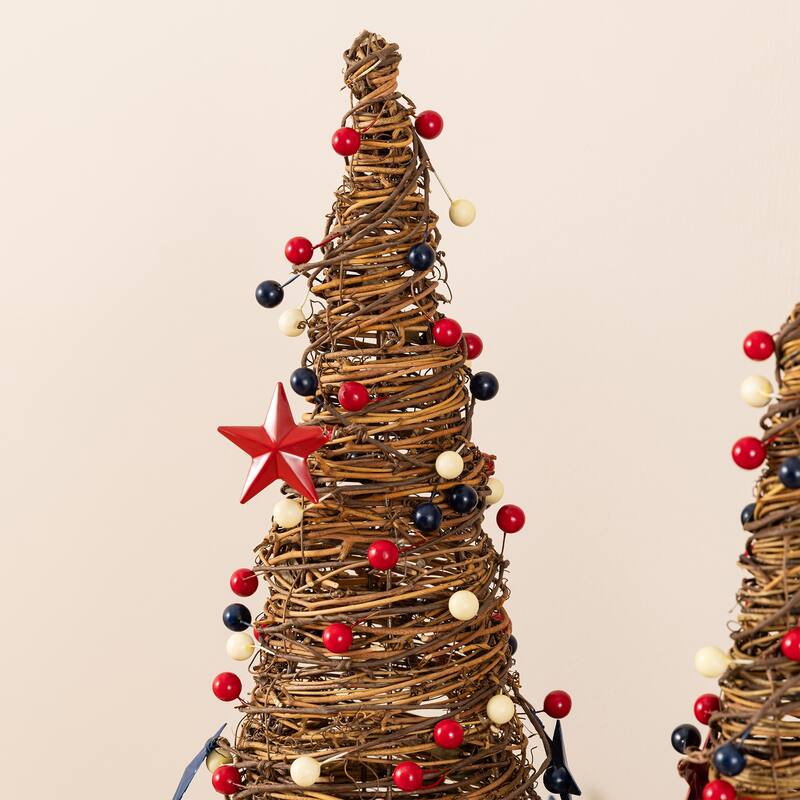 Glitzhome Set of 2 Patriotic/ Americana Rattan Stars and Berry Cone Table Tree
