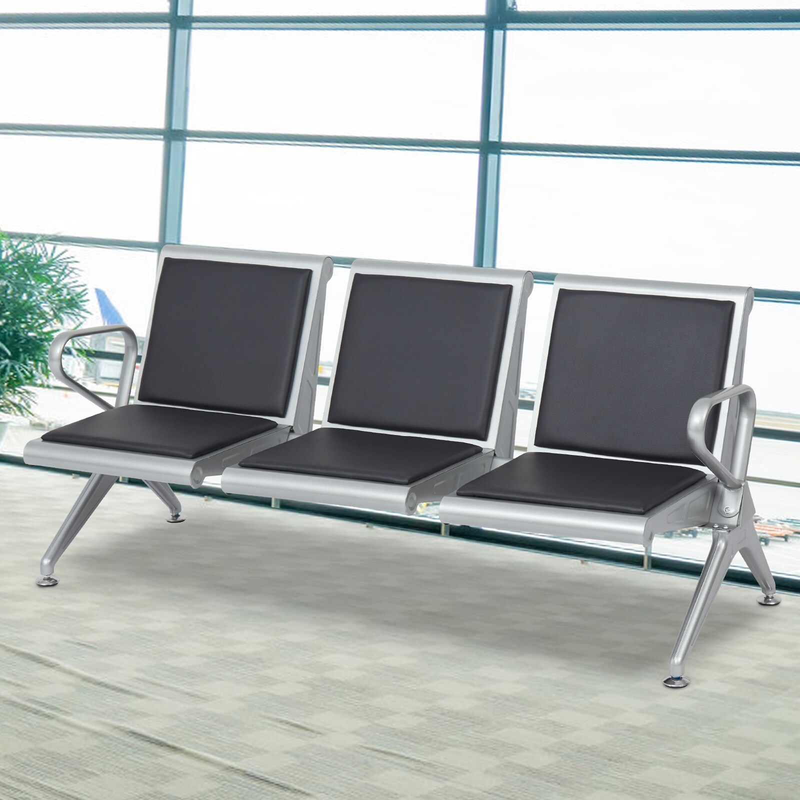 Walcut Black Reception Bench – PVC Leather Guest Chair With Steel Frame For Office Waiting Room
