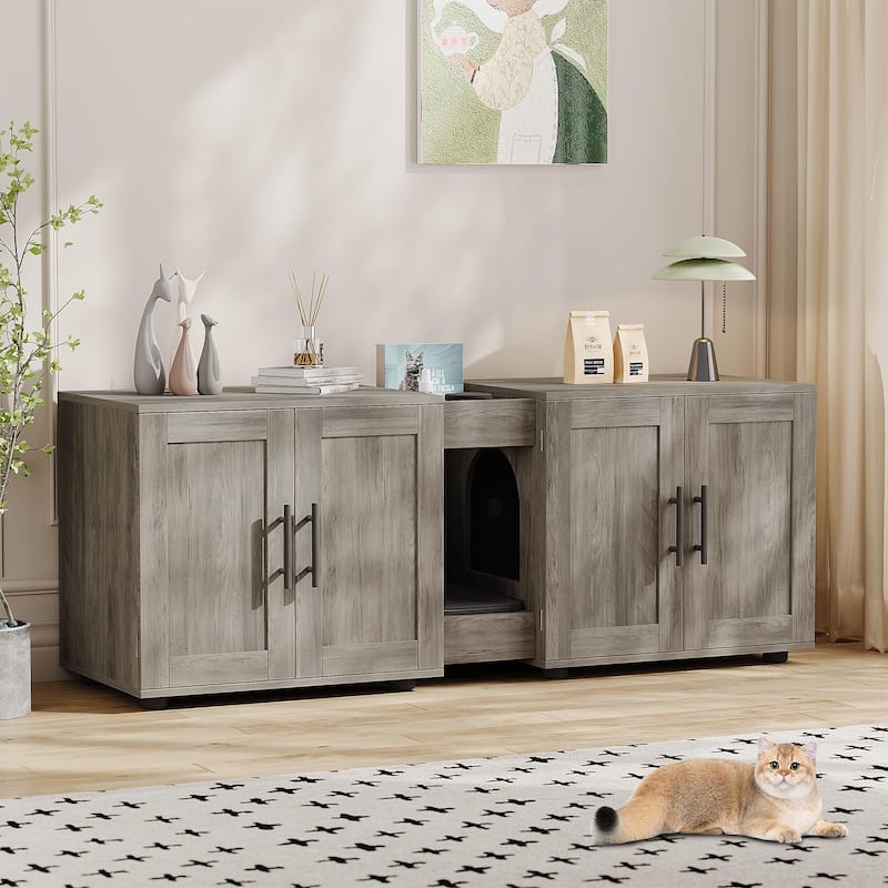 Large Cat Litter Box Furniture with Double Rooms and Barn Doors - Grey