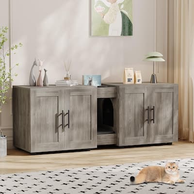 Large Cat Litter Box Furniture with Double Rooms and Barn Doors