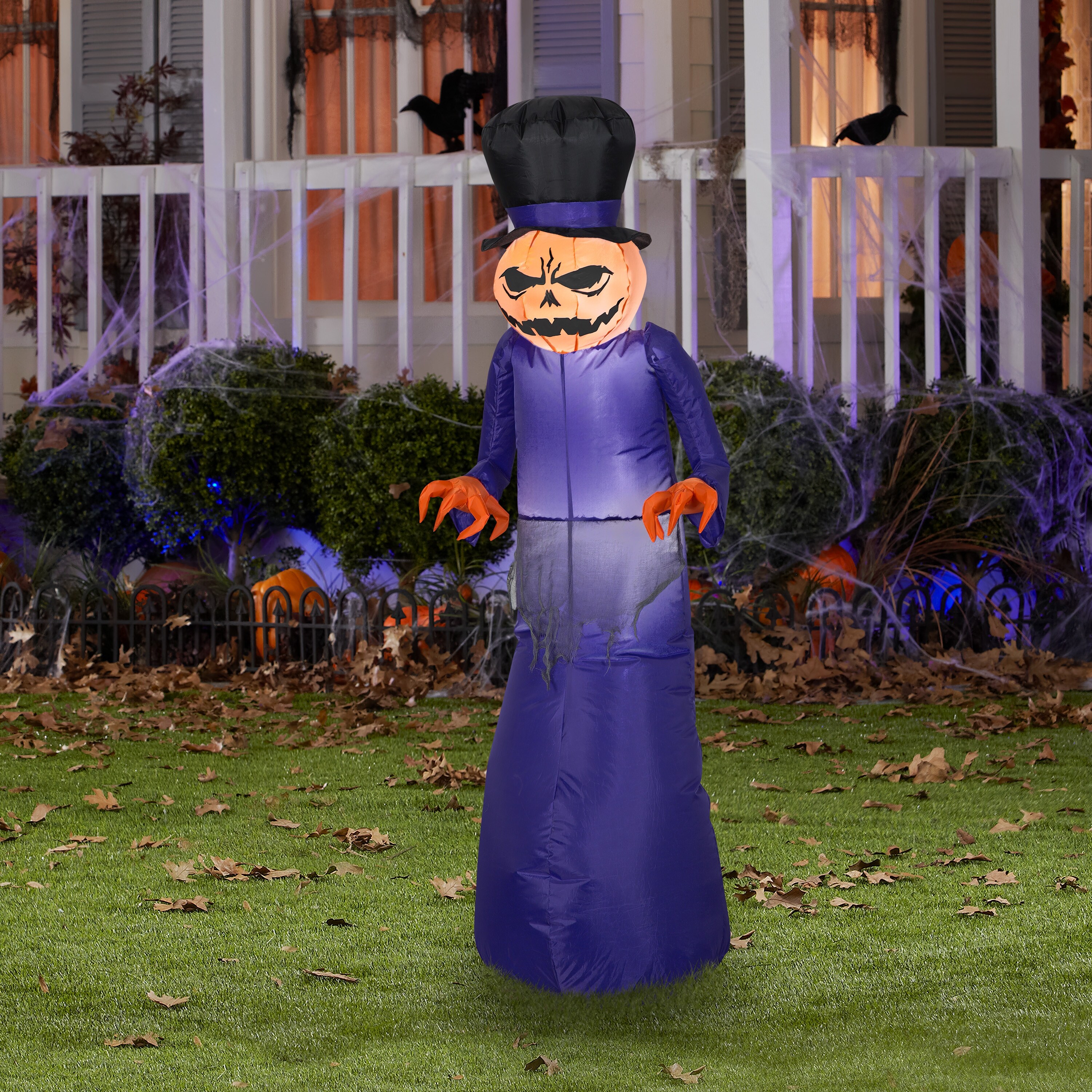 Gemmy Airblown Pumpkin Reaper w/Top Hat, 5 ft Tall, Purple - Bed