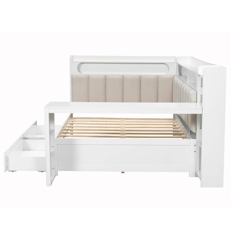 Full Daybed with Storage Shelves Built-in Charging Station LED Light, L-shape Upholstered Sofa Bed with 2 Drawers, Cabinet, Desk