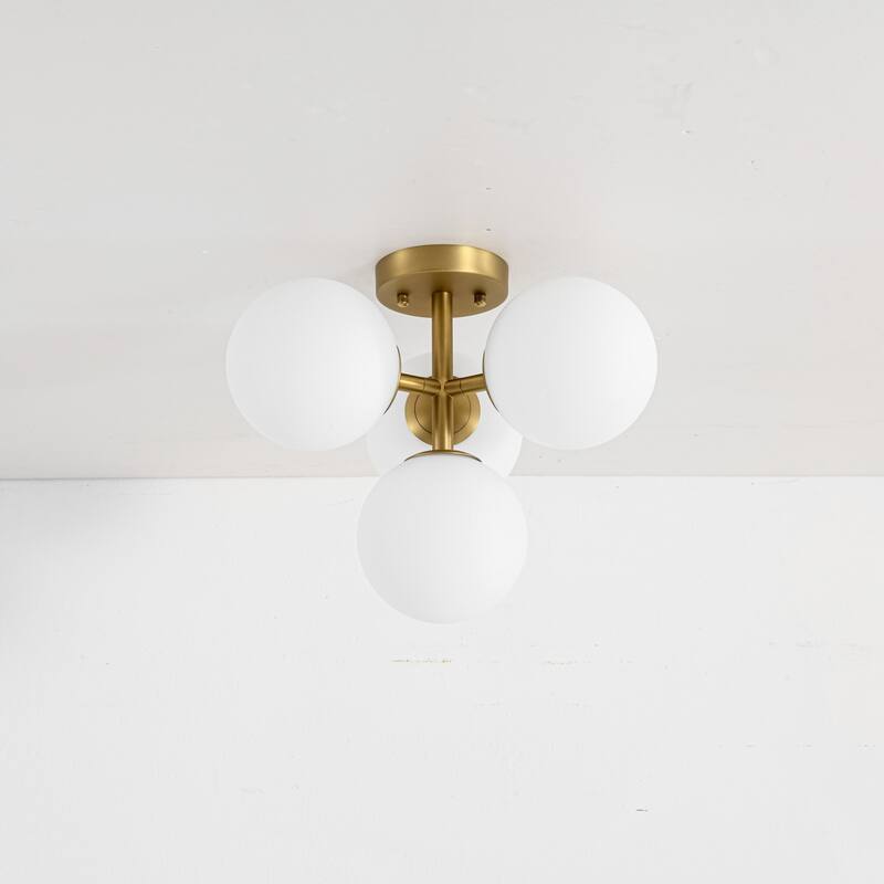 4-Light Mid-Century Modern Sputnik Brushed Gold/Matte Black Finish Semi-Flush Mount Ceiling Light with Opal Glass Globes