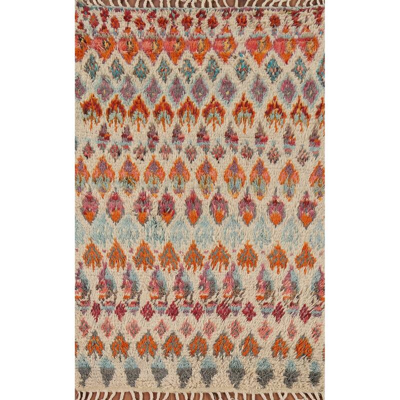 Hand Knotted Oriental 100% Wool Carpet Modern All-Over Beige & Ivories Moroccan Runner Rug - 6' 6'' X 3' 3''