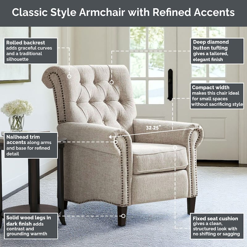 Madison Park Aidan Upholstered Manual Push Back Recliner Chair with Nailheads