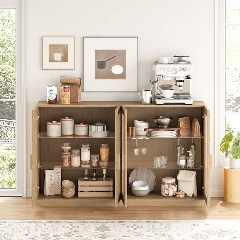 62"LX36"H Solid Wood Kitchen Pantry Sideboard Buffet Cabinet Storage with with Glass Doors