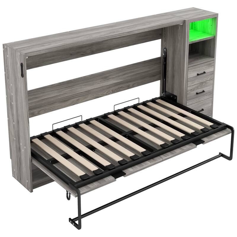 Roomfitters Twin Murphy Bed Cabinet with Storage Drawers and Built-in Light, Foldable Wall Bed for Compact Spaces, Grey