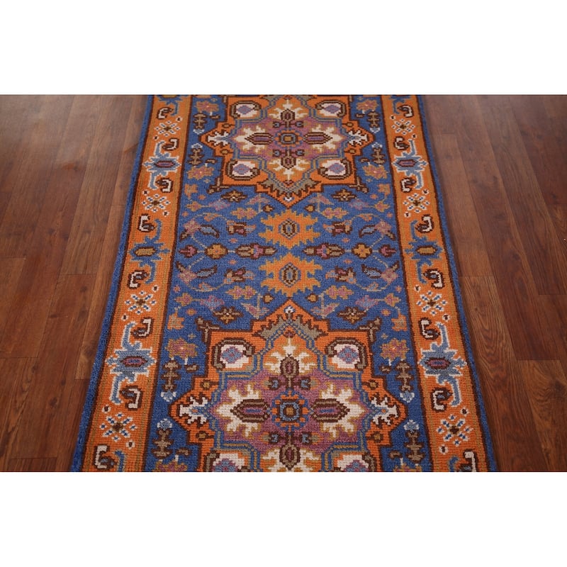 Blue & Orange Geometric Kazak Foyer Rug Hand-Knotted Wool Carpet - 2'6"x 6'0"