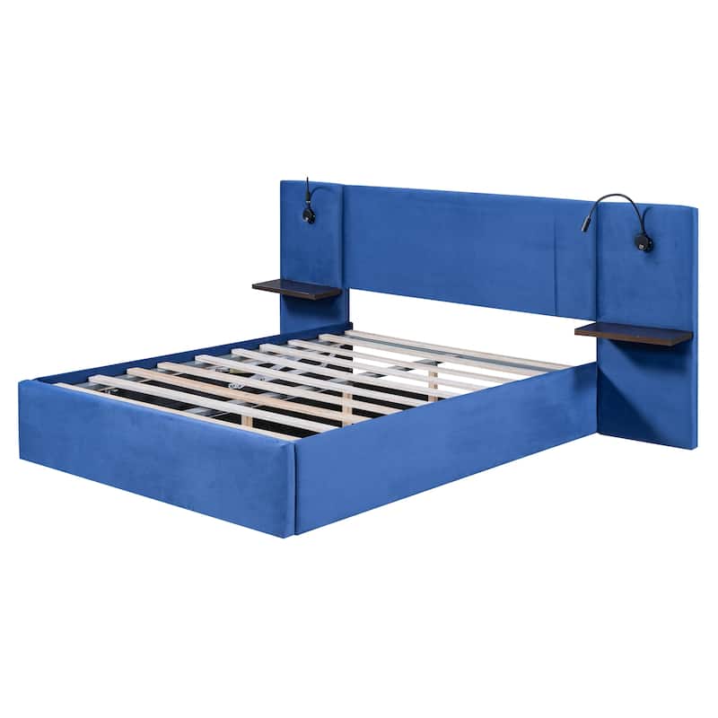 Full Size Storage Upholstered Hydraulic Platform Bed with 2 Shelves, 2