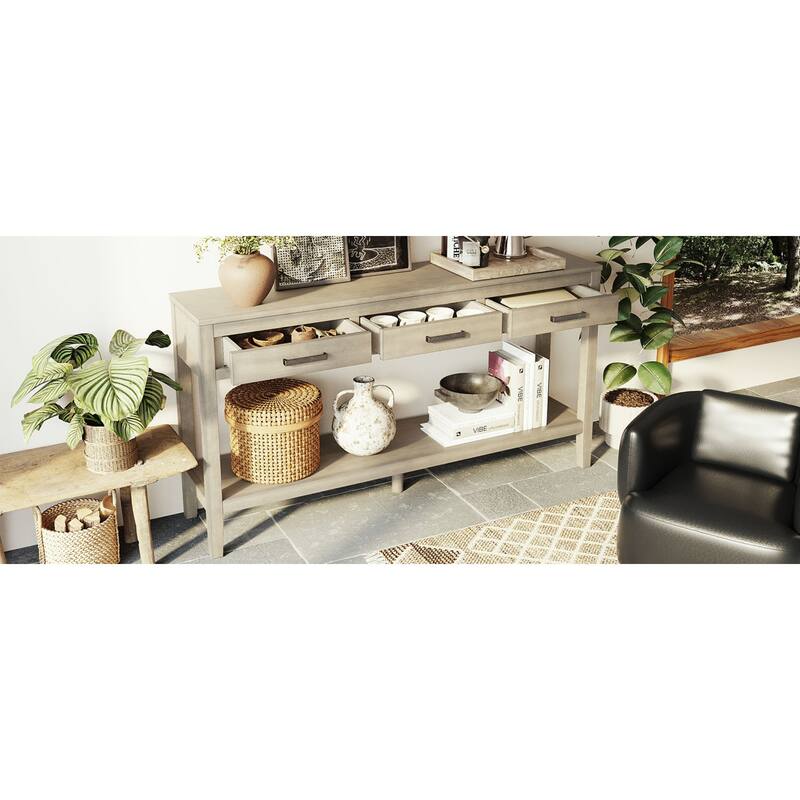 Roomfitters 59.1" Farmhouse Entryway Table with 3 Drawers, Slim Console Sofa Table with Open Shelf for Hallway