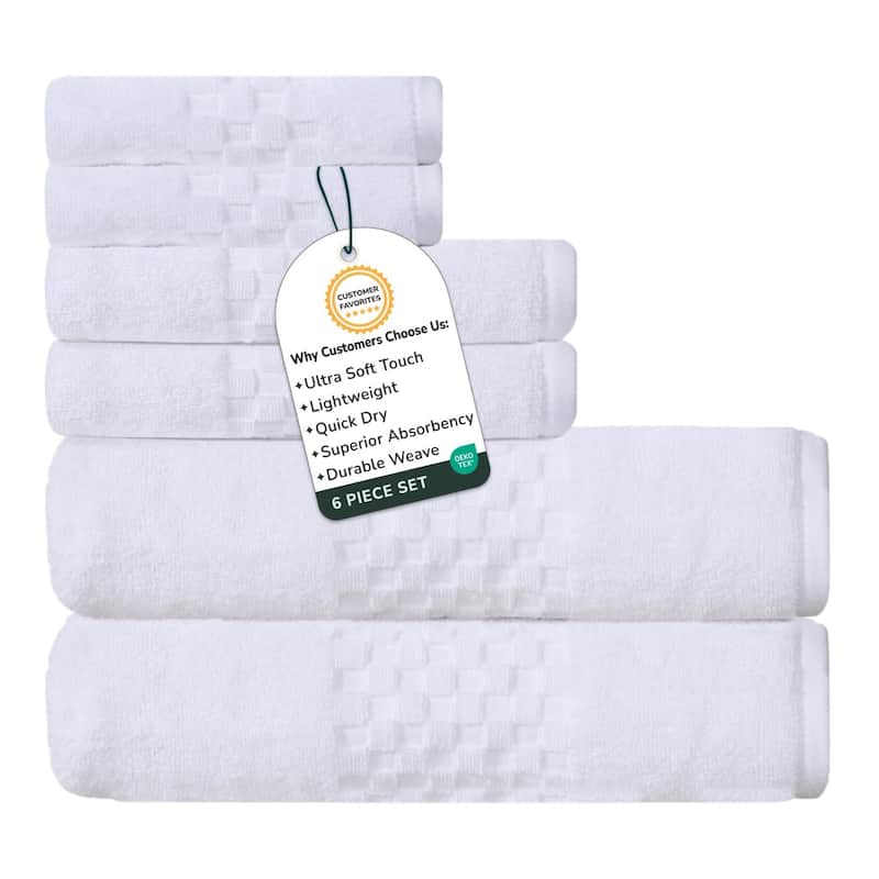 Feather and Stitch NY 650 GSM Premium Cotton 6 Piece Towel Set Super Absorbent Quick Dry Spa Quality - White