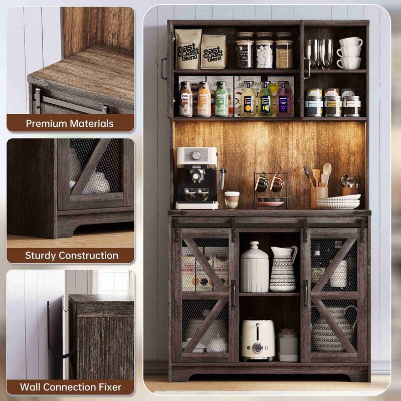 Gymojoy 71" Farmhouse Pantry Cabinet with LED Lights & Charging Station, Tall Kitchen Storage with Adjustable Shelves