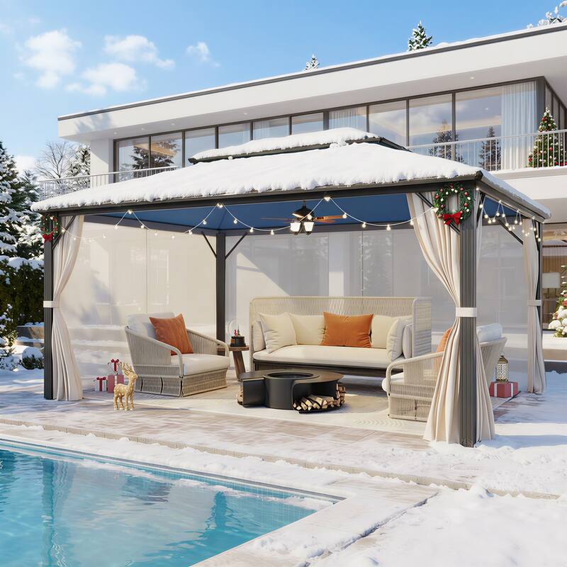 Outdoor Hardtop Gazebo for patio,Polyester Double Roof Canopy, Permanent Pavilion with Aluminum Frame,Curtains & Netting - 12'x16' - Double Roof