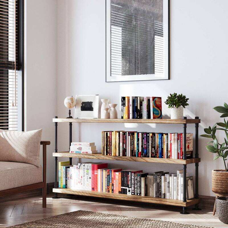 Wallniture 60 Inch Long Pipe Bookcase, 1.5 Thick Real Wood Shelves, Hanging Shelves for Home Organization, Rustic Decor, 3 Tier