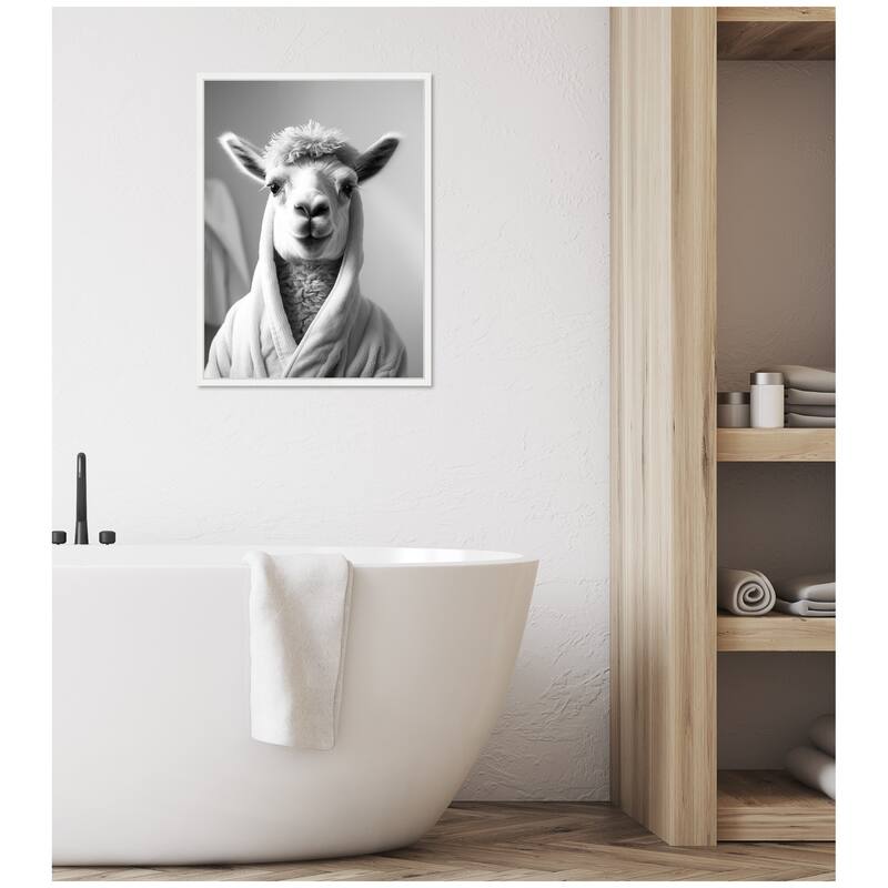 Kate and Laurel Sylvie Llama Bathroom Art Towel Robe Black and White Framed Canvas by The Creative Bunch Studio