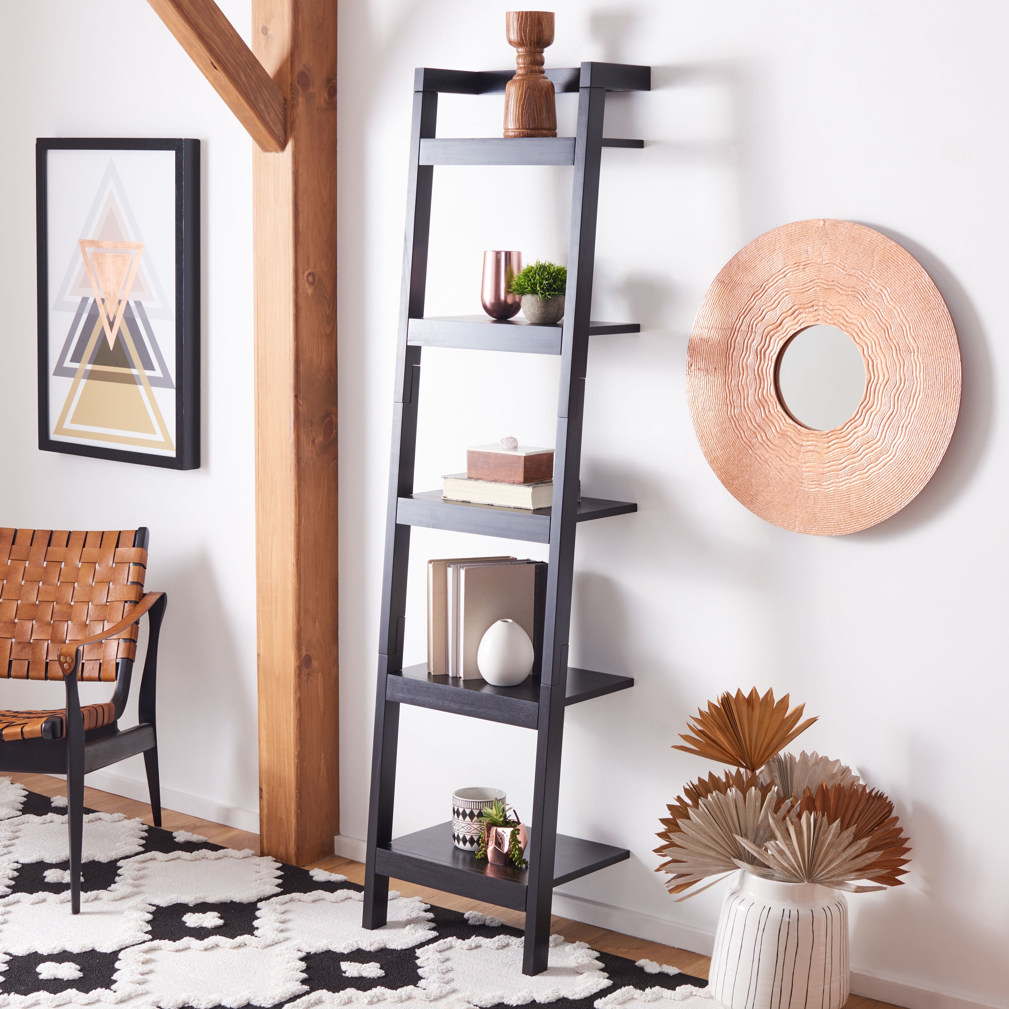 SAFAVIEH Sigrun Natural/Charcoal 5-Tier Leaning Etagere - 18.1" W x 11" L x 72.4" H - 18Wx11Dx72H