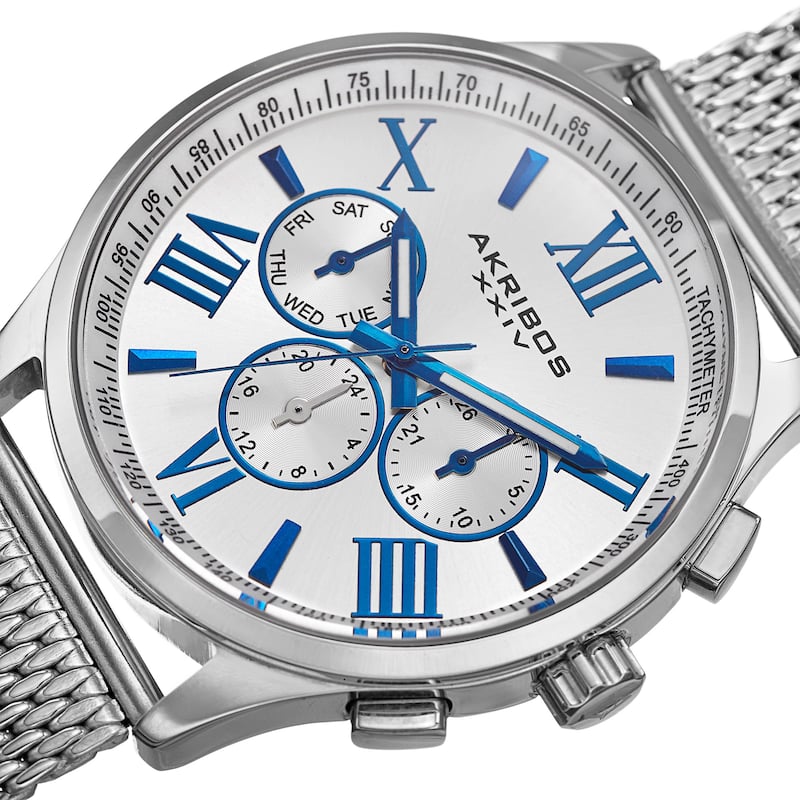 Akribos XXIV Men's Swiss Quartz Multifunction Dual Time Stainless Steel Black Bracelet Watch