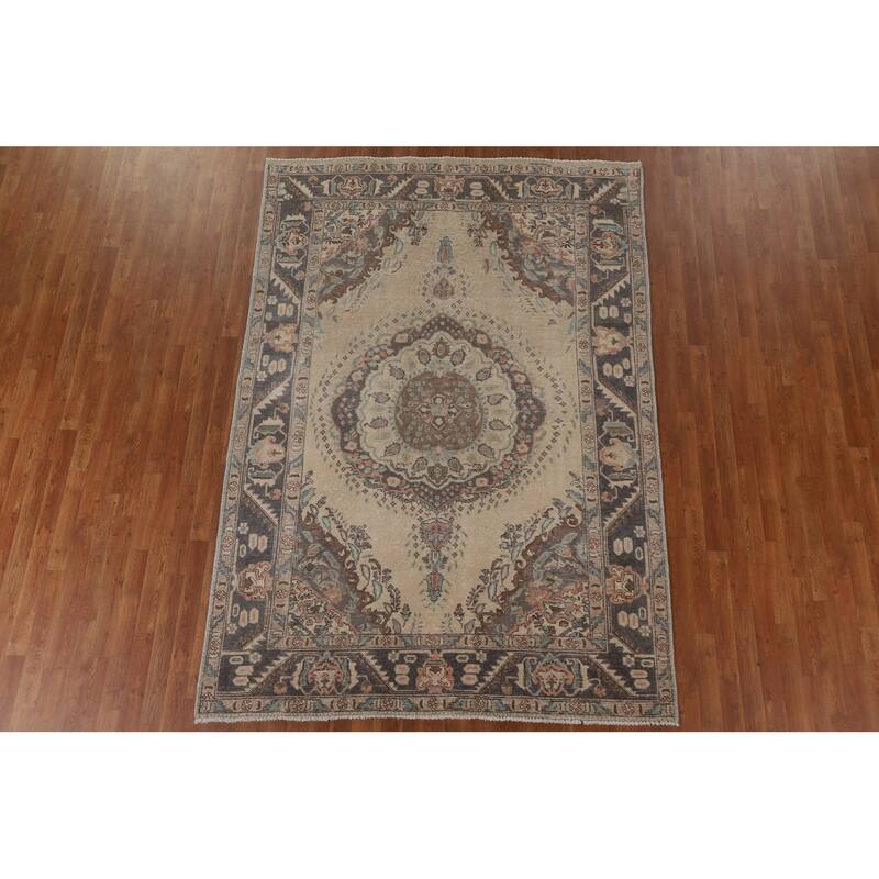 Distressed Tabriz Persian Antique Area Rug Living Room Wool Carpet - 6'4" x 9'2"